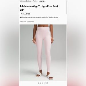 Lululemon align high rise pant 28” size 4 flush pink